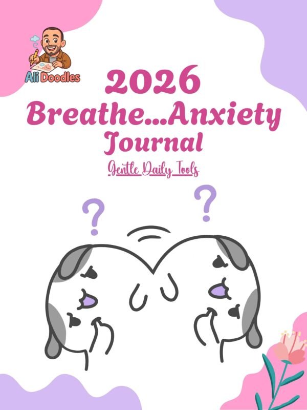2026 Breathe…Anxiety Journal cover — pastel printable 8.5×11 with calming doodles and Ali Doodles logo.