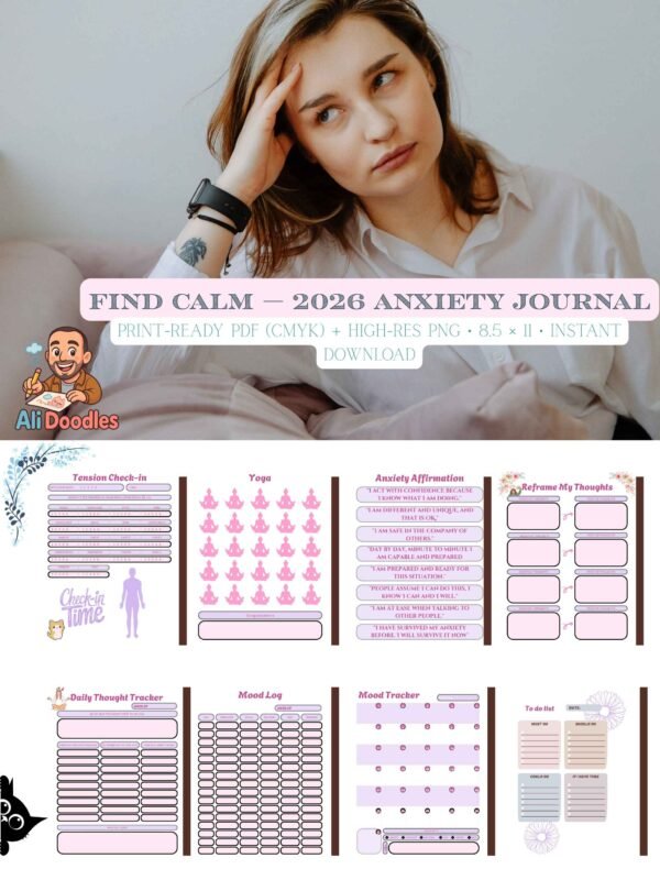 Lifestyle mockup with a woman and preview of anxiety journal interior pages — tension check-in, mood tracker, daily thought tracker and habit pages; printable 8.5×11 for teens & moms.