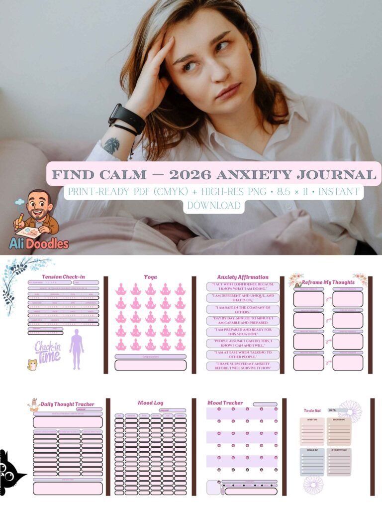 Lifestyle mockup with a woman and preview of anxiety journal interior pages — tension check-in, mood tracker, daily thought tracker and habit pages; printable 8.5×11 for teens & moms.
