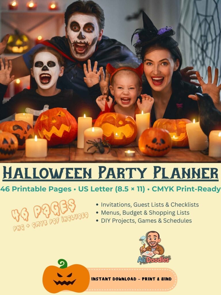 Hero mockup: family in Halloween costumes with carved pumpkins — Halloween Party Planner, 46 printable pages including invites, checklists & menus (Ali Doodles).