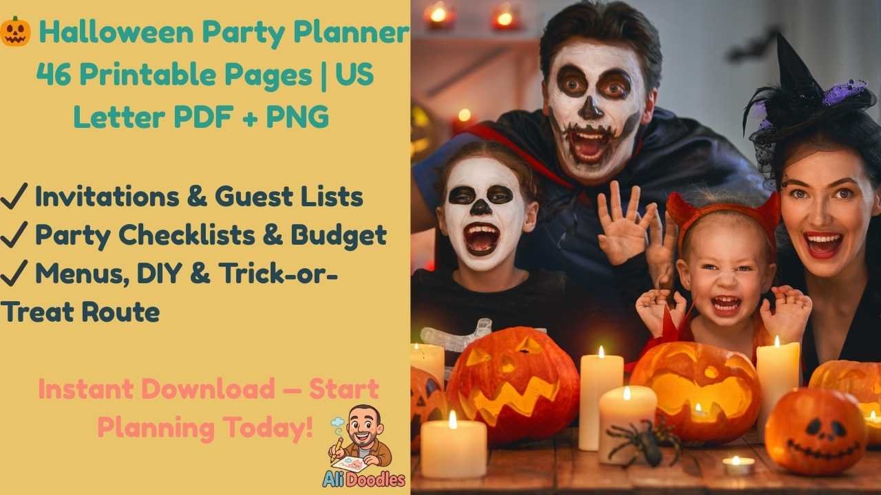 Featured image of Halloween Party Planner — 46 printable pages in US Letter PDF + PNG. Includes invitations, guest lists, checklists, budget planner, menus, DIY projects, and trick-or-treat route. Family-friendly instant download printable designed for moms to plan stress-free Halloween parties.