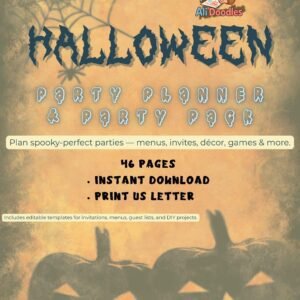 Halloween Party Planner cover — spooky pumpkin silhouettes, vintage textured background, 46 printable pages (US Letter CMYK), instant download by Ali Doodles.