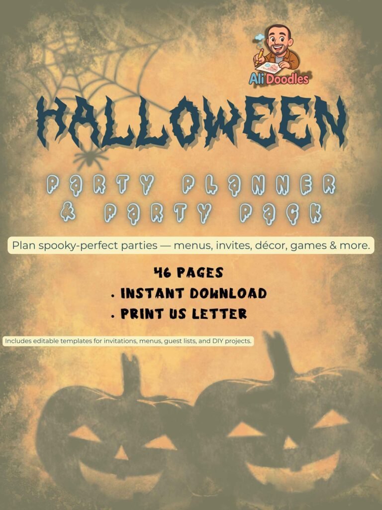 Halloween Party Planner cover — spooky pumpkin silhouettes, vintage textured background, 46 printable pages (US Letter CMYK), instant download by Ali Doodles.