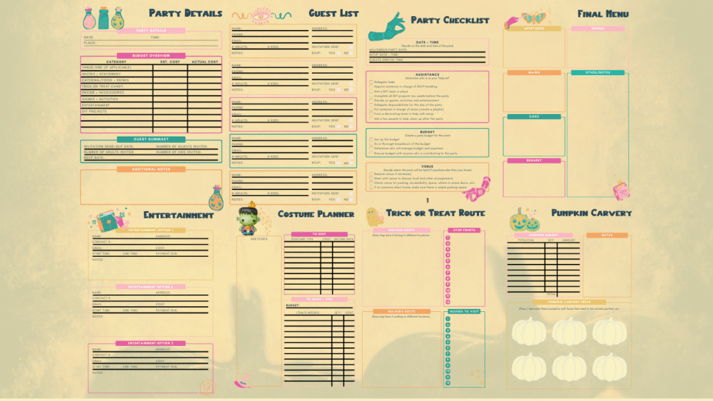 Six-page preview of the Halloween Party Planner showing an invitation worksheet, guest list, menu ideas, party checklist, budget/expenses sheet and a DIY projects template — printable US Letter PDF by Ali Doodles.