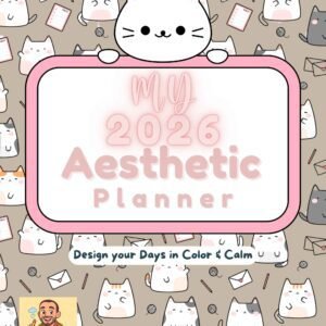 Front cover of the 2026 Aesthetic Printable Planner featuring cute cat doodles on a warm taupe background, framed pink title block with “My 2026 Aesthetic Planner” and tagline “Design your Days in Color & Calm” – Ali Doodles logo.