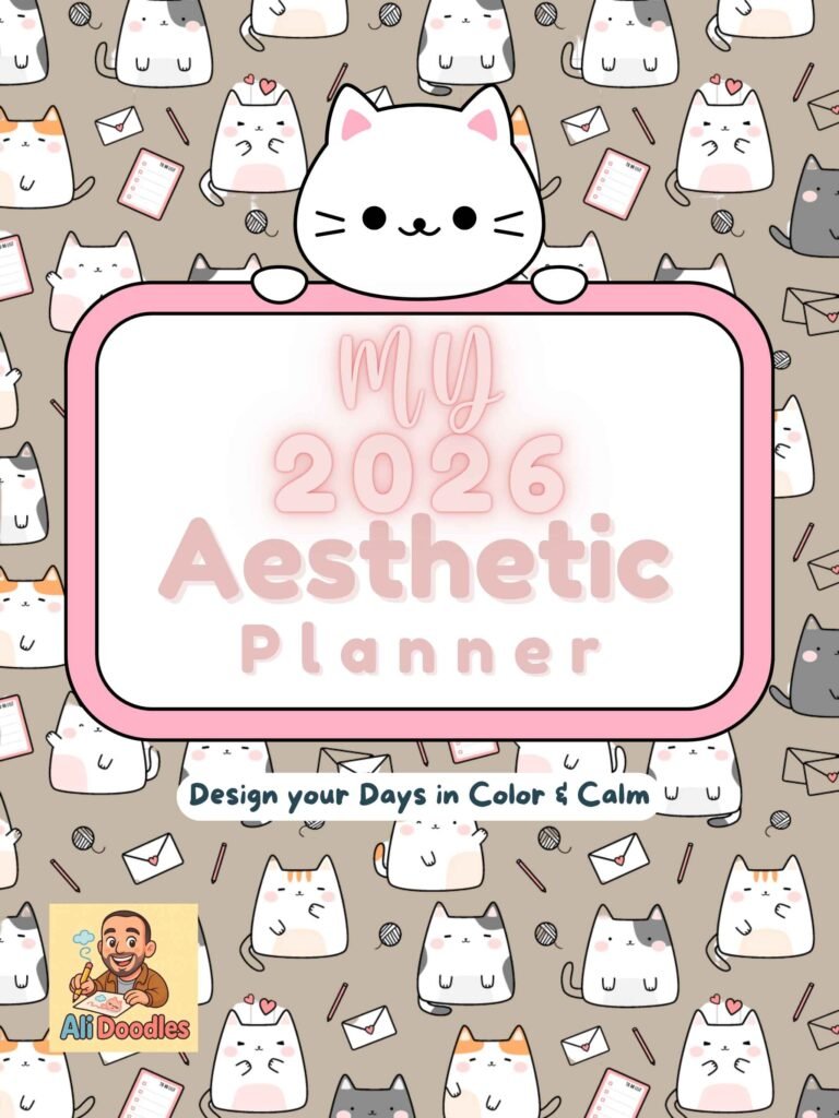 Front cover of the 2026 Aesthetic Printable Planner featuring cute cat doodles on a warm taupe background, framed pink title block with “My 2026 Aesthetic Planner” and tagline “Design your Days in Color & Calm” – Ali Doodles logo.