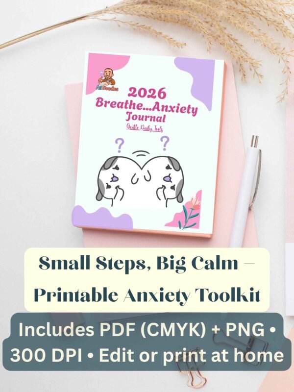 Mockup of Printable Anxiety Toolkit 8.5×11 — "Small Steps, Big Calm" overlay; includes print-ready PDF (CMYK) and high-res PNG for home or pro printing.
