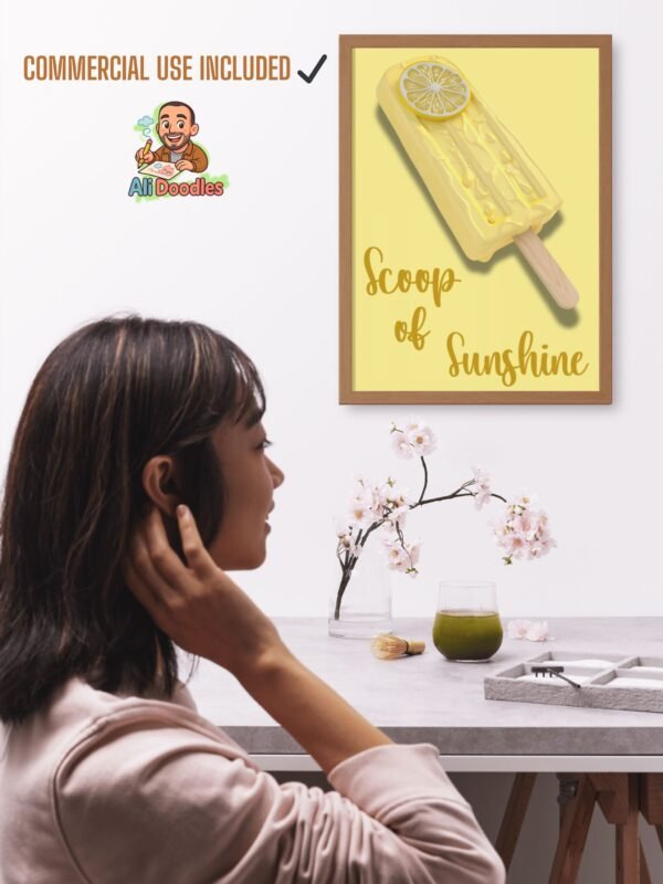 Framed print of an elegant glass of lemon drink with delicate steam and lemon garnish, styled in a chic, minimalist composition and hand-lettered phrase “Sip the Sunshine” — ideal for brunch corners, cafés and modern kitchens.