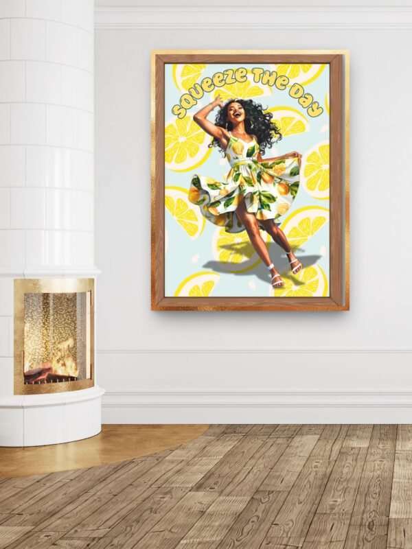Framed wall print of a smiling woman wearing a lemon-pattern dress, dancing happily — bright doodle-style lemon background and hand-lettered quote “Squeeze the Day” for cheerful kitchen or bedroom décor.