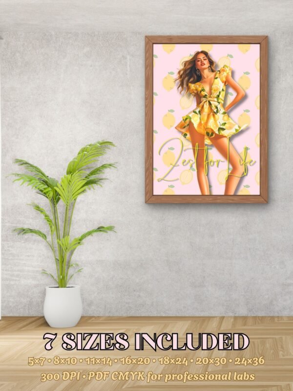 Single framed lemon-dress printable on a concrete wall with a plant; overlay text lists included sizes (5×7–24×36) and notes “300 DPI • PDF CMYK for professional labs”.