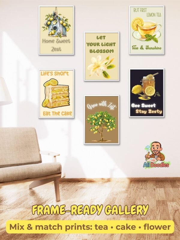 Living-room mockup of six framed lemon prints (tea, cake, flower, honey, tree, blossom) with the label “Frame-Ready Gallery — Mix & match prints: tea • cake • flower”.