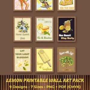 Gallery mockup showing nine framed lemon-themed prints in a 3×3 layout with a bottom banner reading “9 Designs • 7 Sizes • PNG + PDF (CMYK)” and “Commercial Use Included”.