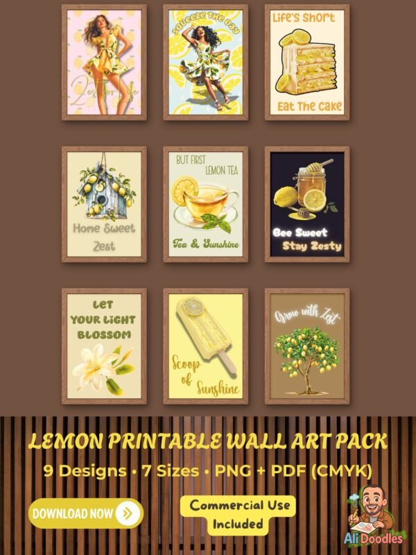 Gallery mockup showing nine framed lemon-themed prints in a 3×3 layout with a bottom banner reading “9 Designs • 7 Sizes • PNG + PDF (CMYK)” and “Commercial Use Included”.